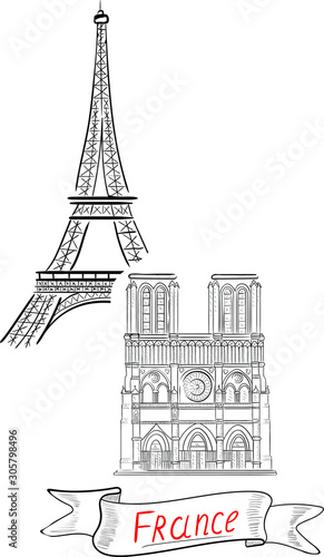eiffel tower in paris vector isolated illustration on white background. red lettering. Concept for print, cards, banner   © Софи Веснина