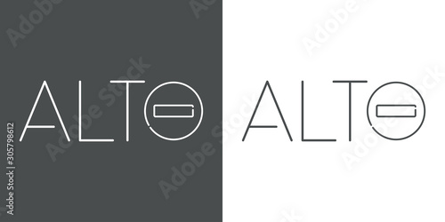 Icono plano lineal palabra alto con señal de tráfico en fondo gris y fondo blanco