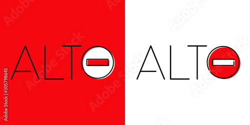 Icono plano lineal palabra alto con señal de tráfico en fondo rojo y fondo blanco