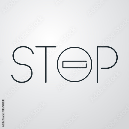 Icono plano lineal palabra stop con señal de tráfico en fondo gris