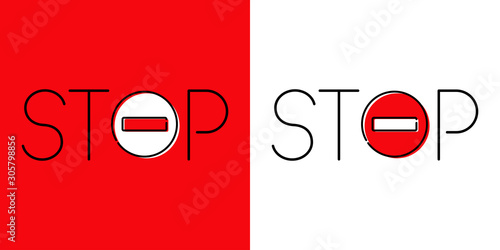 Icono plano lineal palabra stop con señal de tráfico en fondo rojo y fondo blanco