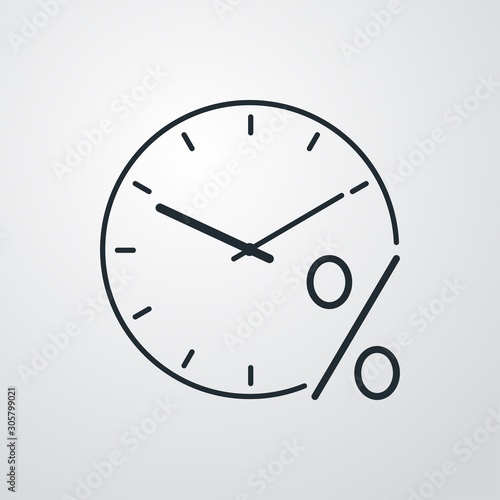 Icono plano lineal reloj con símbolo porcentaje en fondo gris