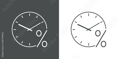 Icono plano lineal reloj con símbolo porcentaje en fondo gris y fondo blanco