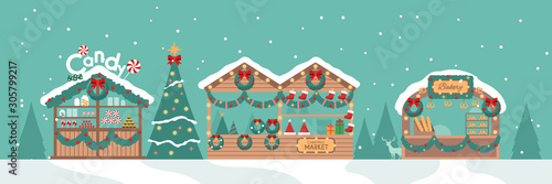 Christmas market greeting card with candy shop on teal background	