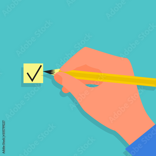 Caucasian human hand holding yellow pencil and checking the box. Vote concept. Blue background. Flat style stock vector