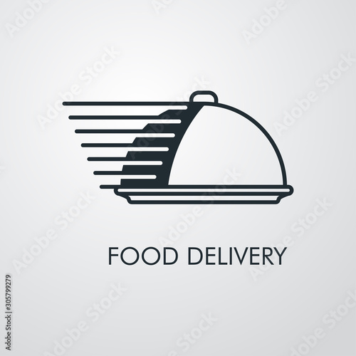 Servicio entrega de comida a domicilio. Icono plano lineal bandeja de comida con lineas de velocidad en fondo gris