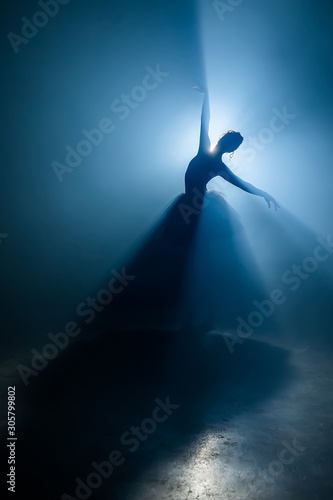 Fotografie, Obraz Solo performance by ballerina in tutu against backdrop of luminous spotlight