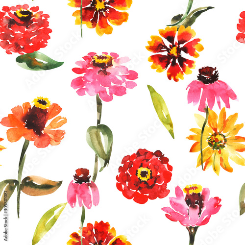 Watercolor seamless pattern with summer flowers, pansies, zinnia, chamomile, botanical painting on an isolated white background, hand drawn, stock illustration.