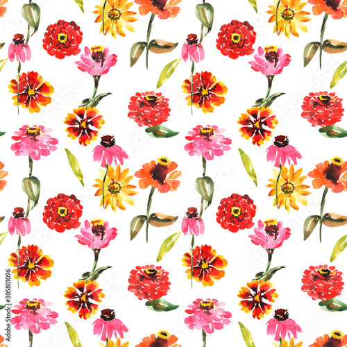 Watercolor seamless pattern with summer flowers, pansies, zinnia, chamomile, botanical painting on an isolated white background, hand drawn, stock illustration.