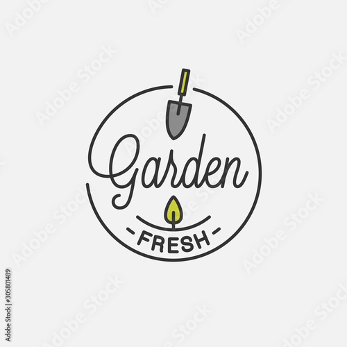 Garden fresh logo. Round linear of garden tool