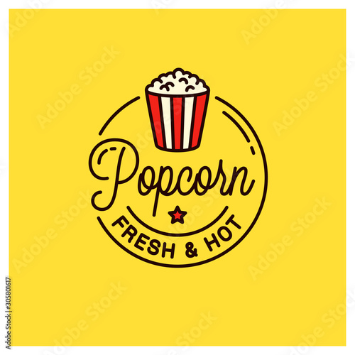 Popcorn logo. Round linear logo of popcorn bucket