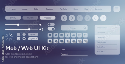 Basic user interface template with responsive design, tools and buttons. Vector UI UX kit for mobile applications and web sites. Flat menu shade icon and control elements on color blue background.