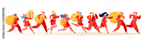 Winter holiday sale. Secret Santa concept. Group of different running flat people characters dressed in Santa Claus costume hurry to have time to buy gifts at competitive prices.