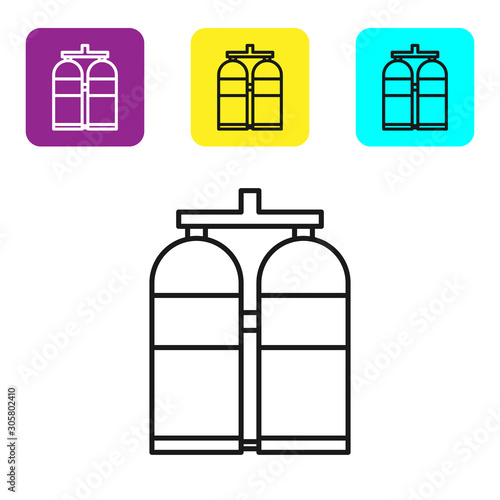 Black line Aqualung icon isolated on white background. Oxygen tank for diver. Diving equipment. Extreme sport. Diving underwater equipment. Set icons colorful square buttons. Vector Illustration