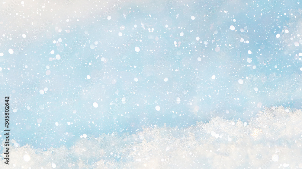 Obraz premium Christmas and New Year background with a blue snowy background, template for overlay in Photoshop, place for text. New Year card for congratulations, selective focus, banner for display