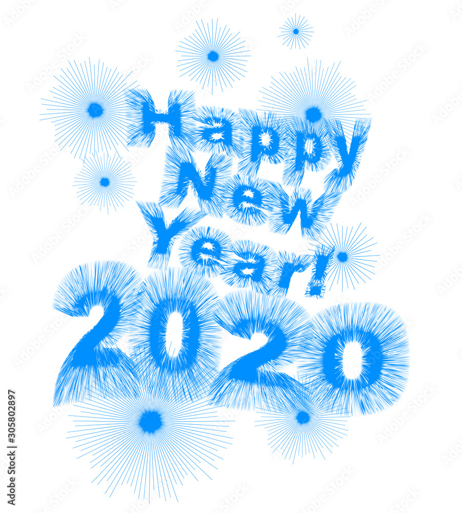 Happy New Year 2020 lettering on blue vector background with sparkles. Greeting card design template. Great for banners, flyers, party posters. Vector illustration