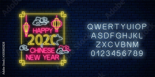 Happy Chinese New 2020 Year of white rat greeting card design in neon style with alphabet. Chinese sign for banner flyer