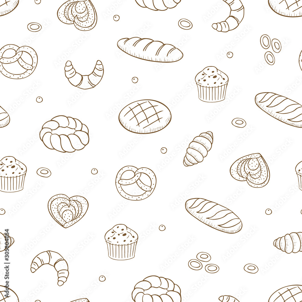 Hand drawn vector seamless pattern with different kind of bread Hand drawn vector seamless pattern with different kind of bread
