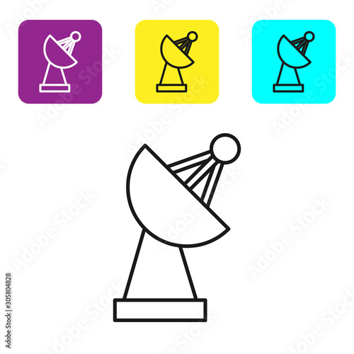 Black line Radar icon isolated on white background. Search system. Satellite sign. Set icons colorful square buttons. Vector Illustration