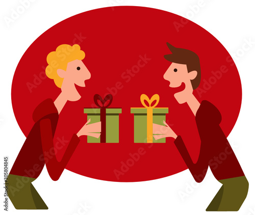 Cute bright flat vector illustration of two lgbt gay men celebrating merry Christmas with New Year presents and gifts. Festive mood.