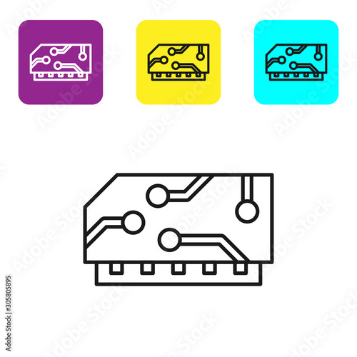 Black line RAM, random access memory icon isolated on white background. Set icons colorful square buttons. Vector Illustration
