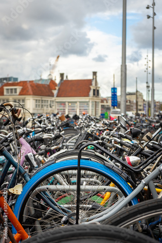 Pile of bikes parked near the Central Station in Amsterdam