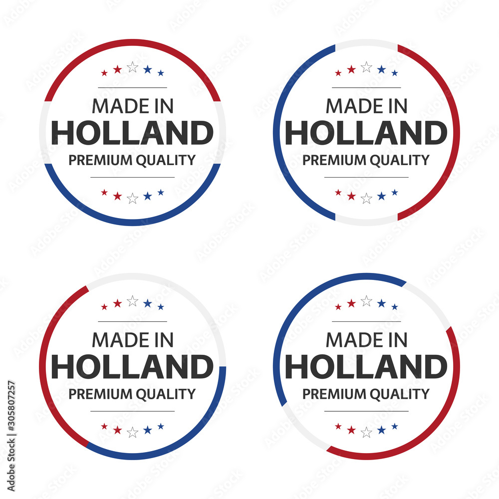 Set of four Dutch icons, English title Made in Netherlands, premium quality stickers and symbols, internation labels with stars, simple vector illustration isolated on white background Set of four Dutch icons, English title Made in Netherlands, premium quality stickers and symbols, internation labels with stars, simple vector illustration isolated on white background