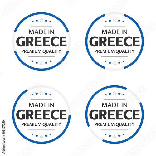 Set of four Greek icons, English title Made in Greece, premium quality stickers and symbols, internation labels with stars, simple vector illustration isolated on white background
