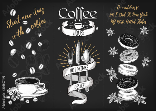 Restaurant menu design. Coffee restaurant brochure vector, coffee shop menu design.