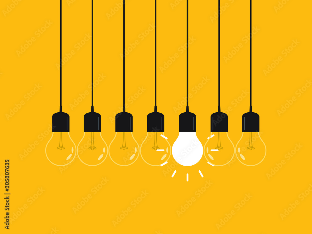 Set of hanging light bulbs with one glowing. Leadership, power and uniqueness concept. Set of hanging light bulbs with one glowing. Leadership, power and uniqueness concept.