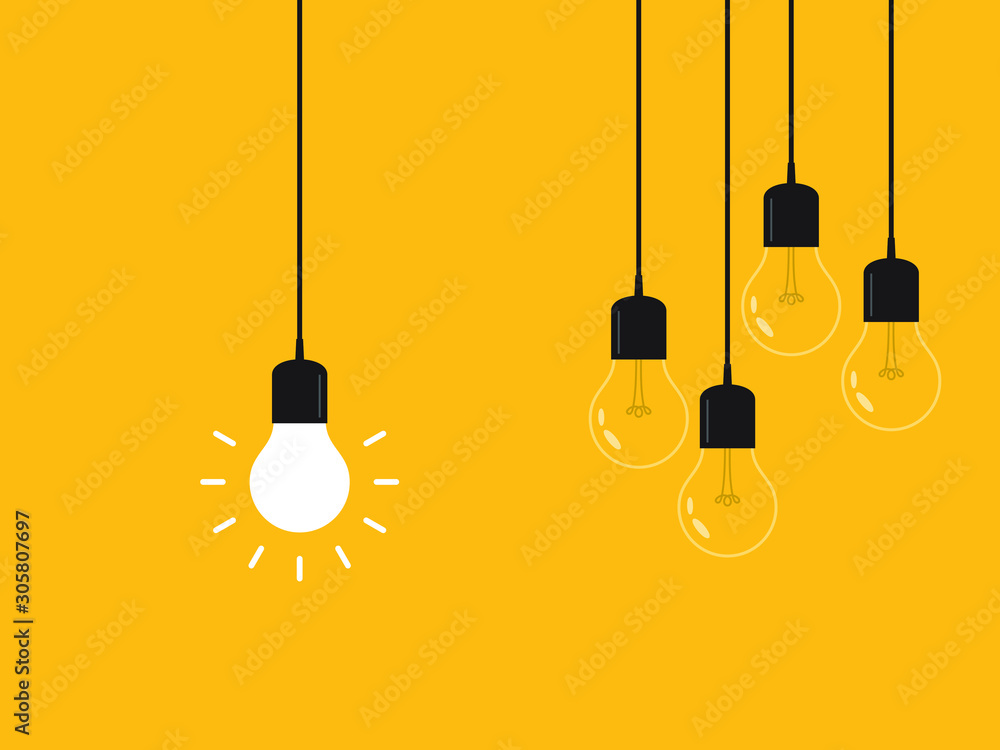Set of hanging light bulbs with one glowing. Leadership, power and uniqueness concept. Set of hanging light bulbs with one glowing. Leadership, power and uniqueness concept.