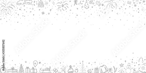 Hand drawn christmas elements. Abstract holiday signs and shapes. Sketchy background with different xmas elements. Black and white illustration