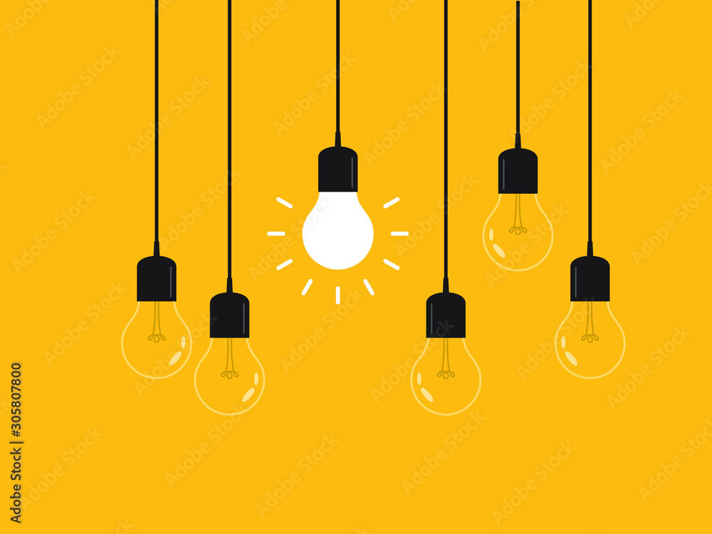 Naklejka premium Set of hanging light bulbs with one glowing. Leadership, power and uniqueness concept.