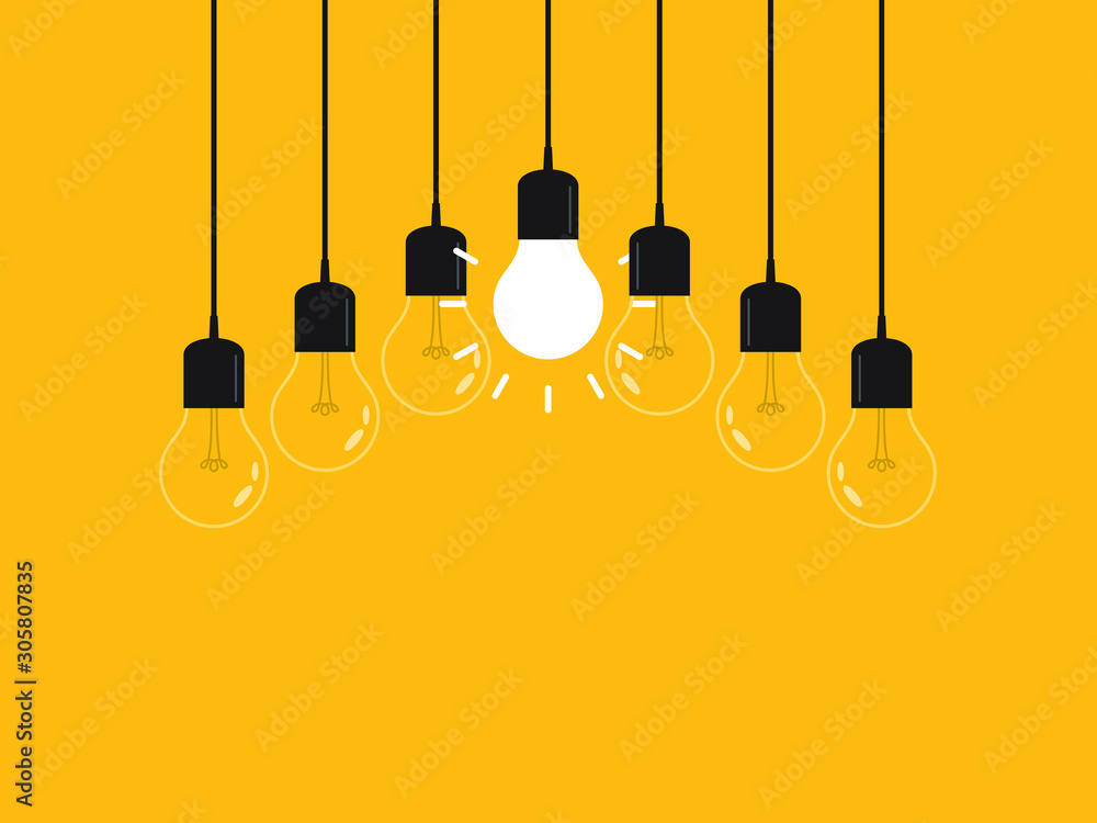 Set of hanging light bulbs with one glowing. Leadership, power and uniqueness concept. Set of hanging light bulbs with one glowing. Leadership, power and uniqueness concept.