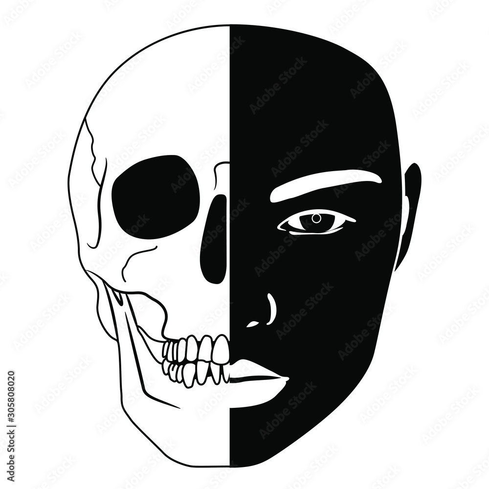 Isolated Vector Illustration Memento Mori Emblem Half Face Half Human Skull Juxtaposition Of