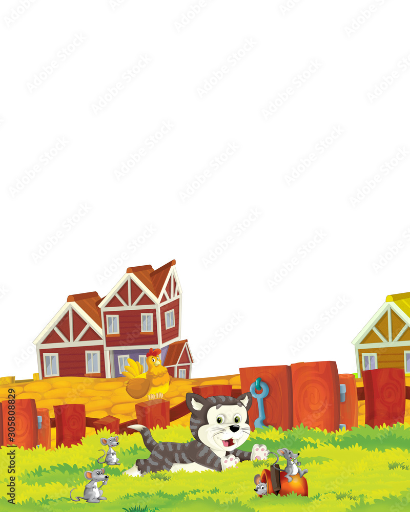 cartoon scene with cat having fun on the farm on white background - illustration for children cartoon scene with cat having fun on the farm on white background - illustration for children