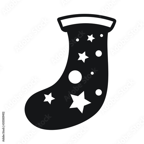 Christmas Santa sock decorated with circles and stars with a naif simple and flat black and white design for winter holidays