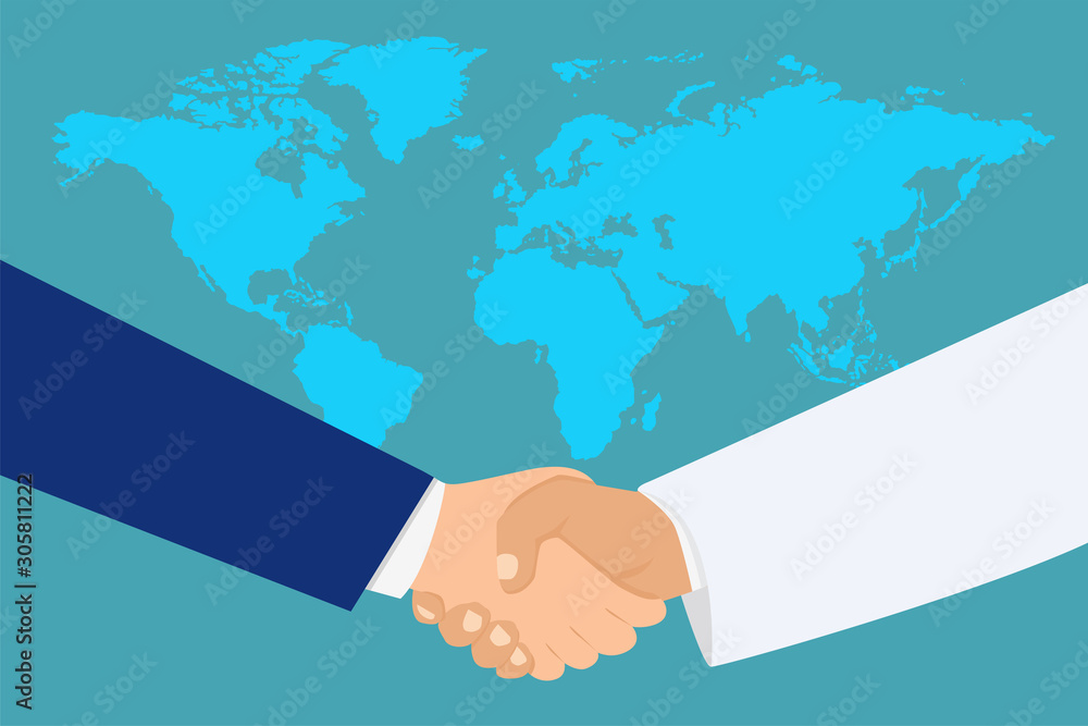 handshaking of european with arab business man on the global map background. concept of business deal agreement in vector illustration handshaking of european with arab business man on the global map background. concept of business deal agreement in vector illustration