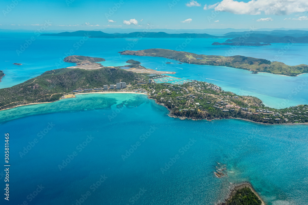 Hamilton Island Aerial View. Whitsunday Islands, Queensland, Australia. The most popular holiday destination close to the Great Barrier Reef.