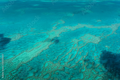 Scenic flight over the Great Barrier Reef. Whitsundays islands, Queensland, Australia.
