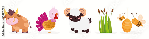 farm animals cute bull goat turkey bees plants