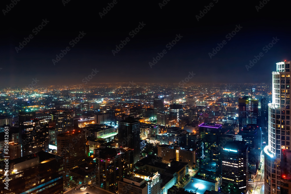 Aerial view of Downtown Los Angeles, CA at night