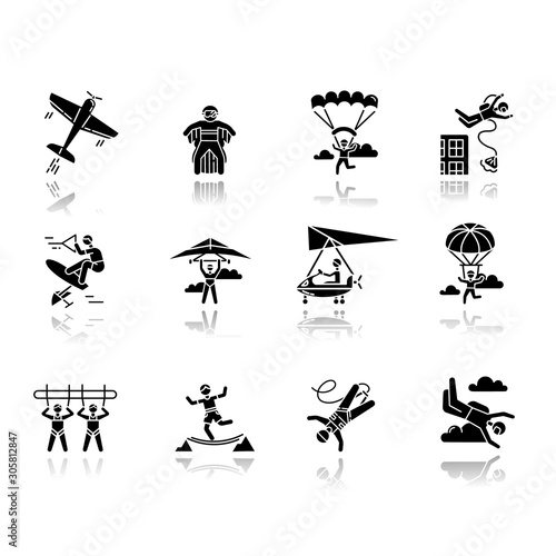 Air extreme sports drop shadow black glyph icons set. Skydiving, parachuting, wingsuiting. Outdoor activities. Paragliding, aerobatics and bungee jumping. Isolated vector illustrations
