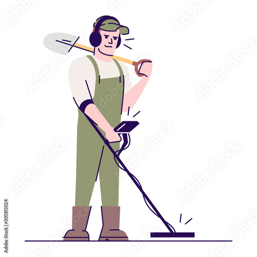 Archaeologist with metal detector and shovel flat vector illustration. Field survey. Search for treasure. Caucasian man with archaeological tools cartoon character with outline on white background