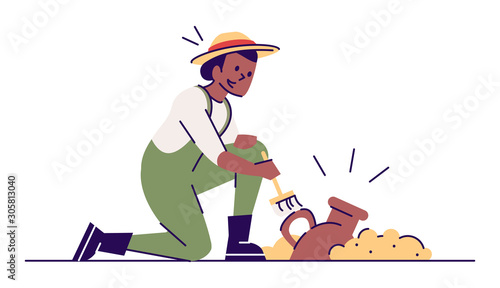 Archeologist with old jug flat vector illustration. Archeological excavations. Treasure hunter. Woman cleaning antique amfora with brush cartoon character with outline on white background