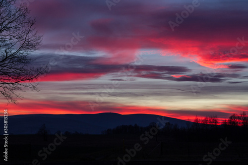 Red sunset over mountains