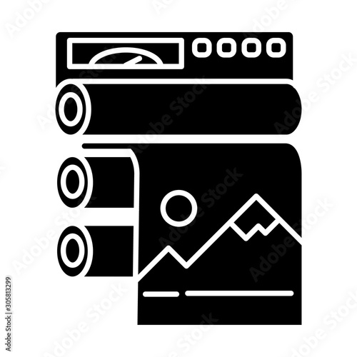 Publishing industry glyph icon. Professional printing equipment. Industrial paper press. Technical machinery to produce polygraphy. Silhouette symbol. Negative space. Vector isolated illustration