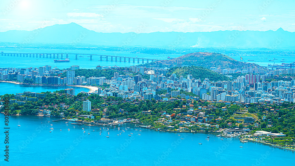 Aerial view of Rio de Janeiro with Christ Redeemer and Corcovado Mountain.