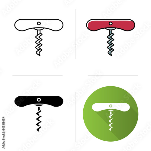 Wine corkscrew with spiral icons set. Bottle opening tool. Barman and sommelier equipment. Beverage, drink. Cork remover. Flat design, linear, black and color styles. Isolated vector illustrations