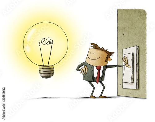 Businessman presses a switch and turns on a light bulb symbol of having an id...